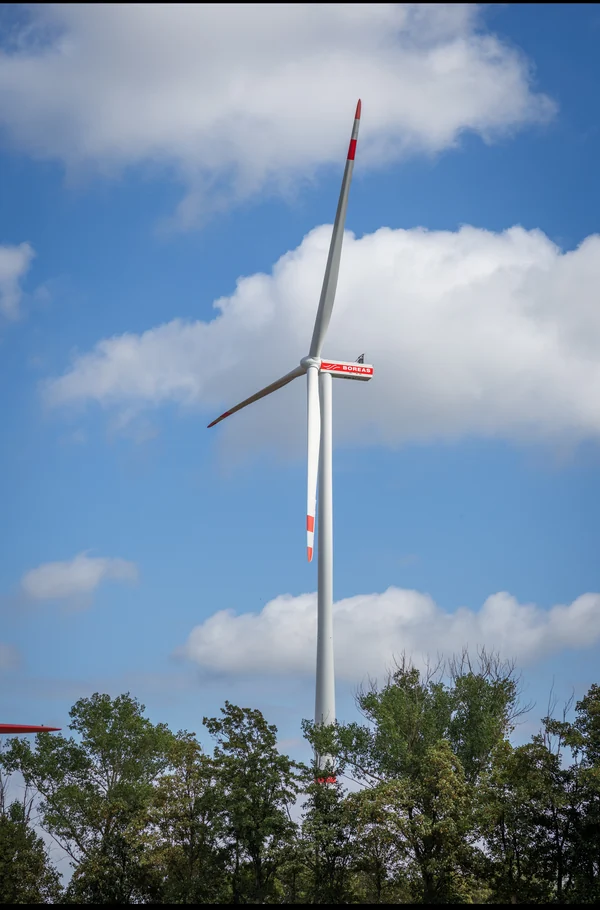 Windrad mit rot markierten Rotorblättern vor blauem Himmel mit Wolken, unten Baumkronen